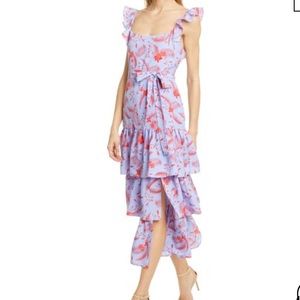 Juno Floral Tiered Ruffle Midi Dress In Periwinkle Multi